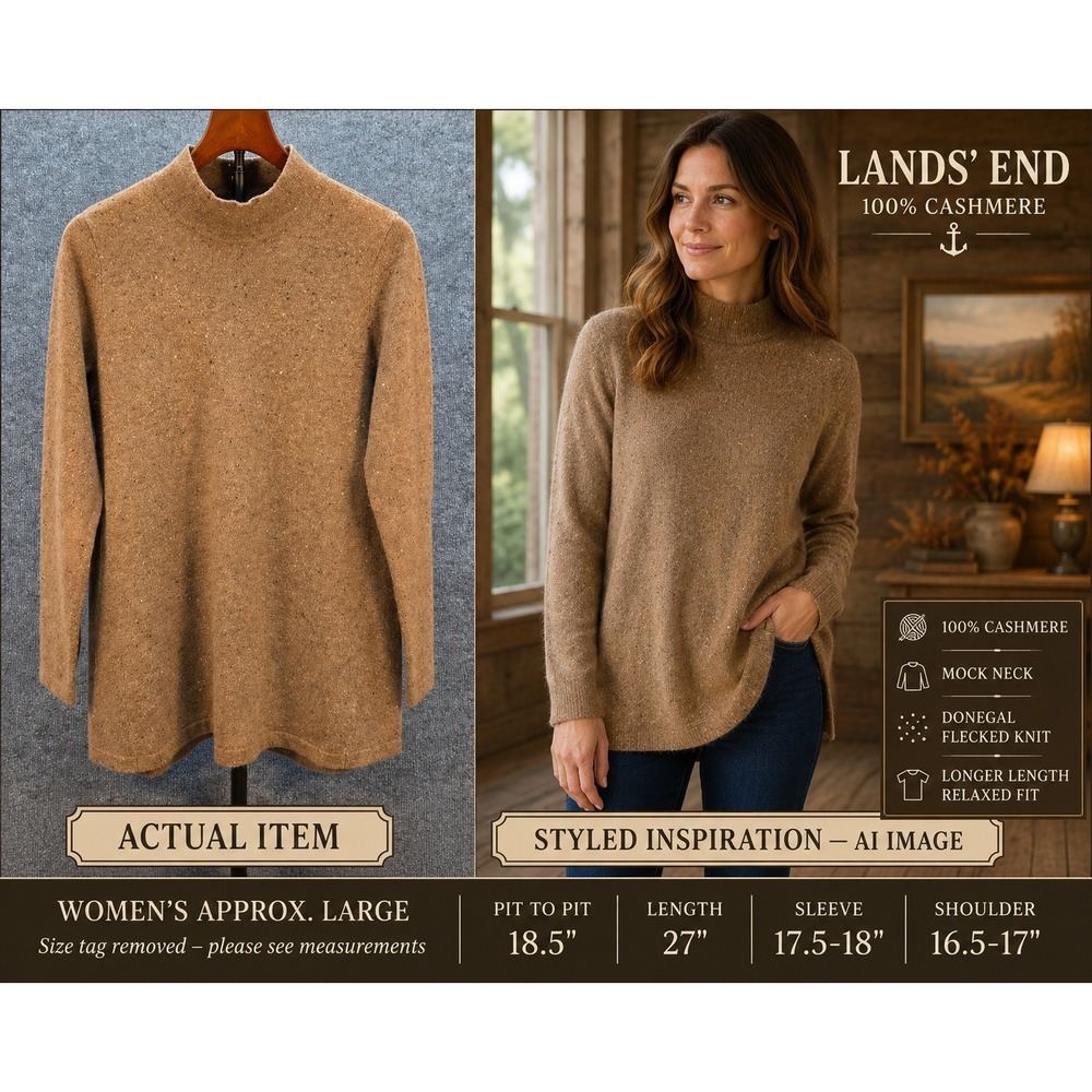 Lands' End Sweater Womens Mock Neck Donegal Cashmere Brown Large Exc Relaxed